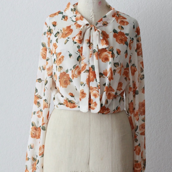 Chiffon yellow rose bow tie blouse - M - Picture 2 of 8